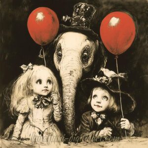 Girls, red balloons and elephant