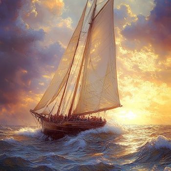 Sailing ship at sunset