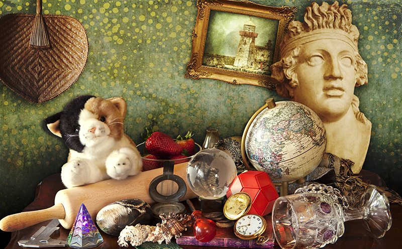 Mishmash objects with statue by Luisa Fumi.