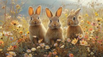 cute bunnies peeking through the flowers