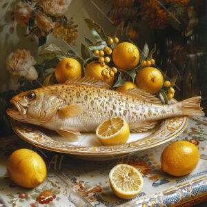 Gourmet food still life: carp freshwater fish boiled and served with lemon juice, vintage style illustration BOILED-FISH-TH