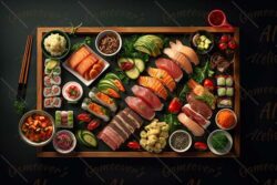 sushi tray and raw seafood