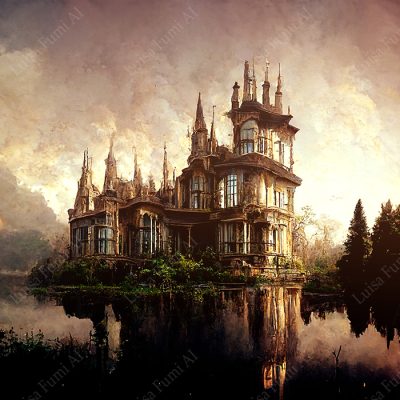 Gothic castle on the water edge