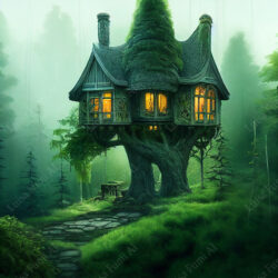 Treehouse in magic green forest