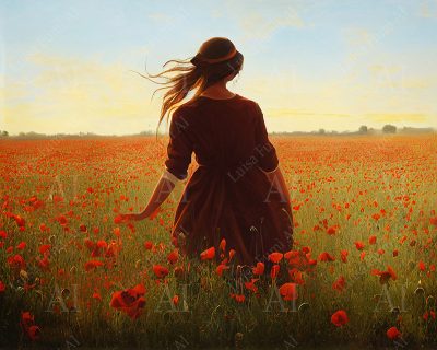 Woman in red in red poppy field