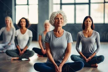 healthy middle age women makes yoga