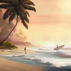 Tropical beach at sunrise with surfer