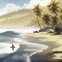 Tropical beach with waves and surfer