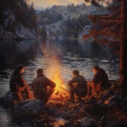 Friends around bonfire