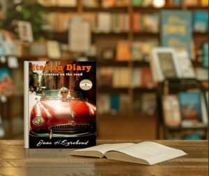 Book cover mock up: presentation with open book and hardcover copy to personalize for advertising on bookshop background book-red-cabrio-ww2
