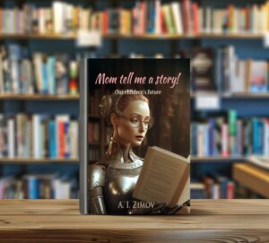 Book cover mock up: presentation in a bookshop environment of a bound book in grey canvas to personalize for advertising book-robot-reading2-ww2