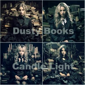 Young woman posing as librarian in dark academia fashion style sitting in the library with lost expression amidst an impressive mess of untidy books to order and arrange -dark-academy-show2