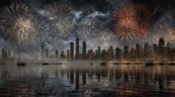 Fireworks over the city skyline