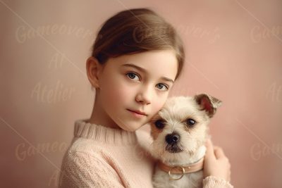 Girl with sweet expression embracing a puppy dog