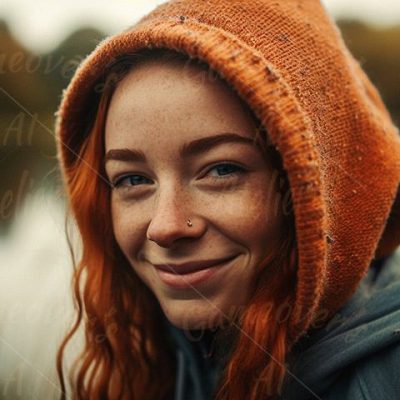 Girl with red hair, freckles and beanie smiling