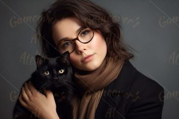 young woman with eyeglasses and cute black cat