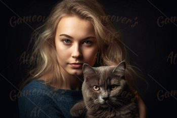 blond teenager embracing a cute pet cat