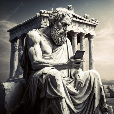 Ancient Greek statue with cellphone