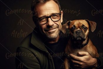 smiling man in his 40s with a cute dog