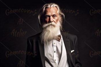old gentleman with long white hair in dinner jacket