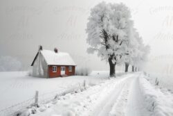Snow frost and red house