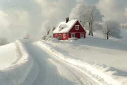 Country sunny landscape with snow