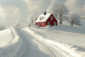 Winter country landscape in a sunny day: road covered by snow, a solitary red house and frosted trees white-land3-1-th