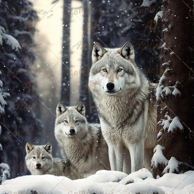 Grey wolf family in the forest