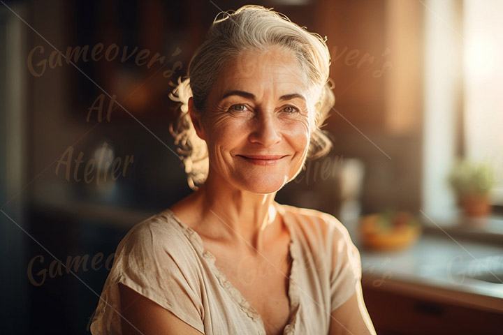 smiling woman in her 50s at home