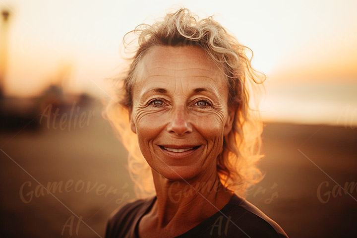 happy woman in her 60s against a sea beach