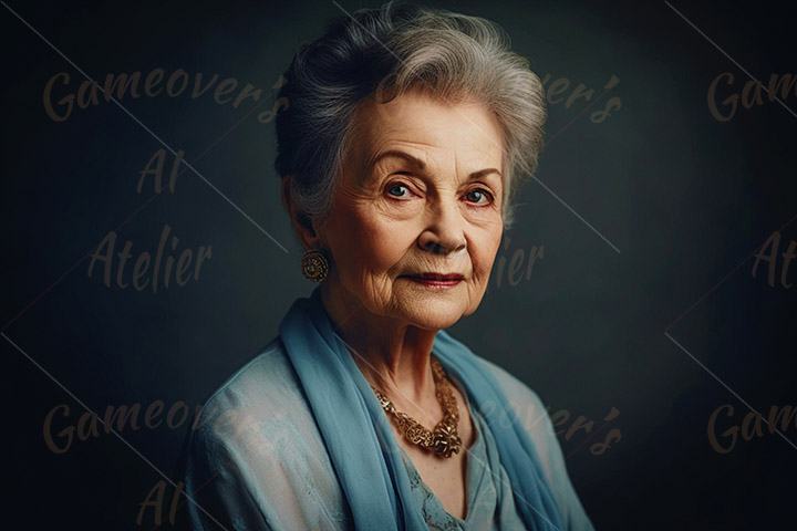 lady in her 80s, serene and pensive